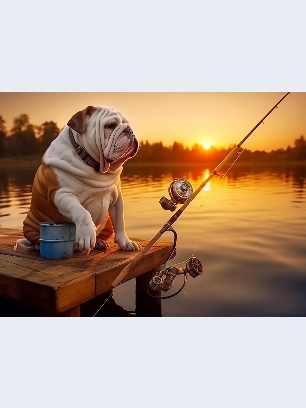 Bulldog DOG  Bass Fishing Sunset Poster Dockside Dog POSTER 13x19"